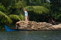 Allepey, Kerala, India Ã¢â¬â March 31, 2015: Indian man transport dwell with rice for boats. backwaters canoe in state Royalty Free Stock Photo